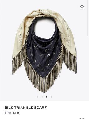 ISO Navy and Cream Silk Triangle Scarf with Fringe